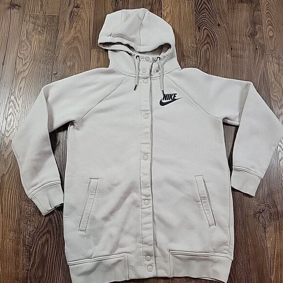 Nike Sportswear Rally Hooded Jacket Womens Small Beige Snap Sweatshirt Long Slv - Picture 1 of 8